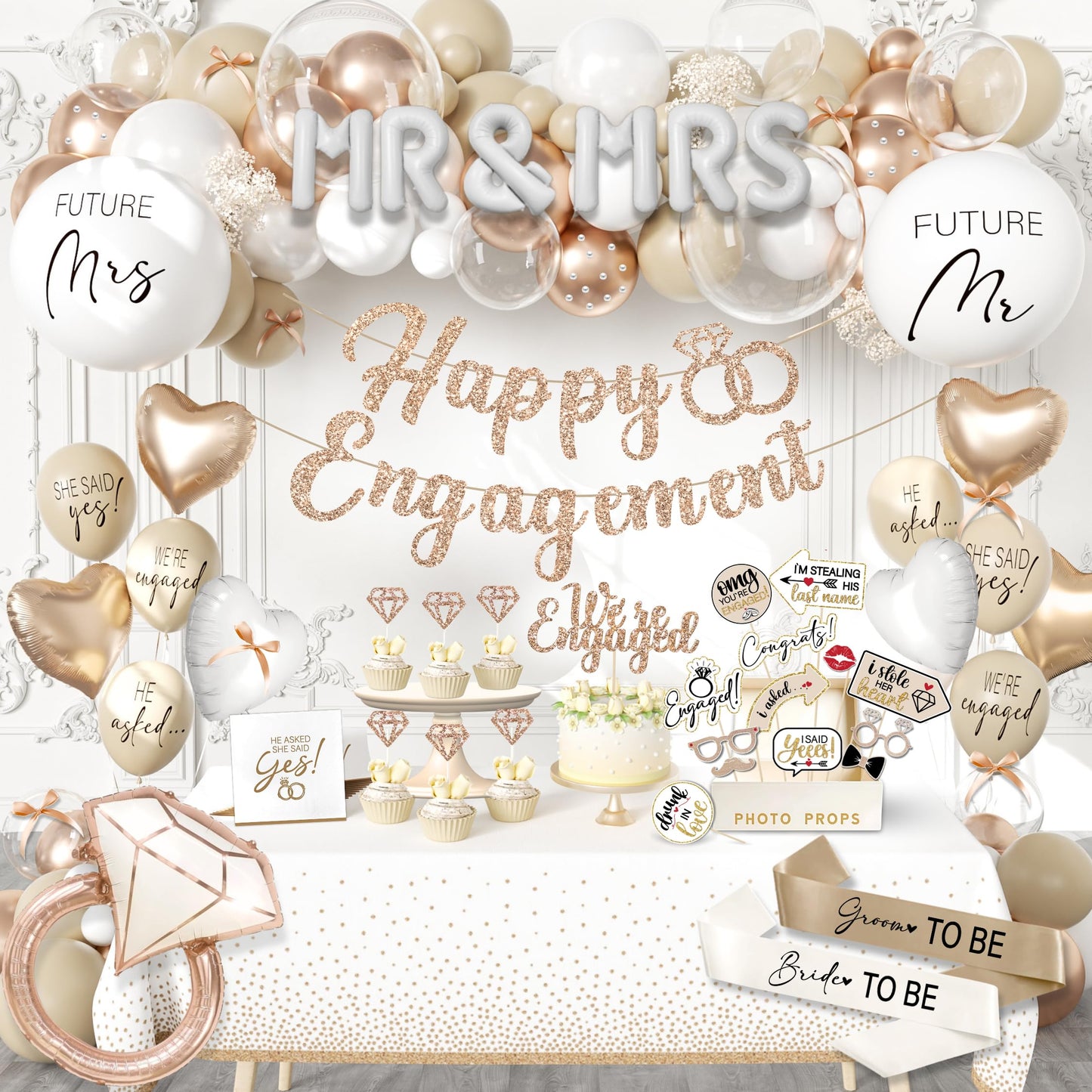 261 Pc Premium Engagement Party Decorations Kit – Elegant Mr. & Mrs. Wedding Balloons, Happy Engagement Banner, Diamond Ring White Gold Balloons, Cupcake Toppers – Classy Bride To Be Decor