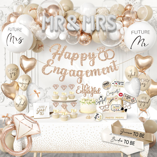 261 Pc Premium Engagement Party Decorations Kit – Elegant Mr. & Mrs. Wedding Balloons, Happy Engagement Banner, Diamond Ring White Gold Balloons, Cupcake Toppers – Classy Bride To Be Decor