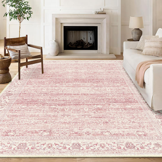 Brakki Area Rugs 5x7, Pink Washable Rugs for Living Room Bedroom Dining Room Kitchen, Ultra Thin Soft Boho Rug Non Slip, Vintage Distressed Carpet Floral Rug for Home