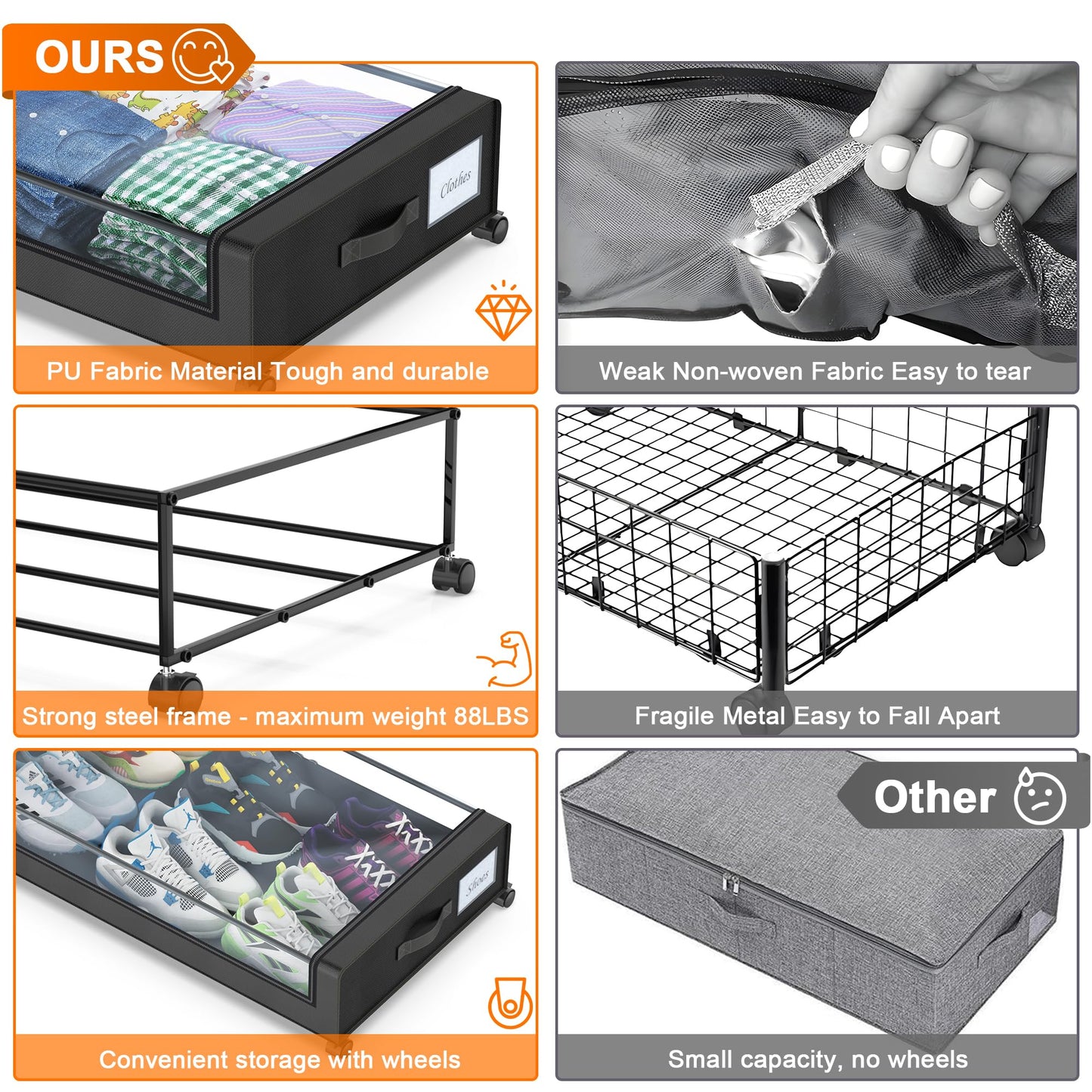 Under Bed Storage with Wheels, 2 Pack Under Bed Storage Containers with Dividers & Clear Lids, XXL 65L Under the bed storage Organizer Bins, Underbed Storage with Wheels for Clothes (Black, 2 Pack)