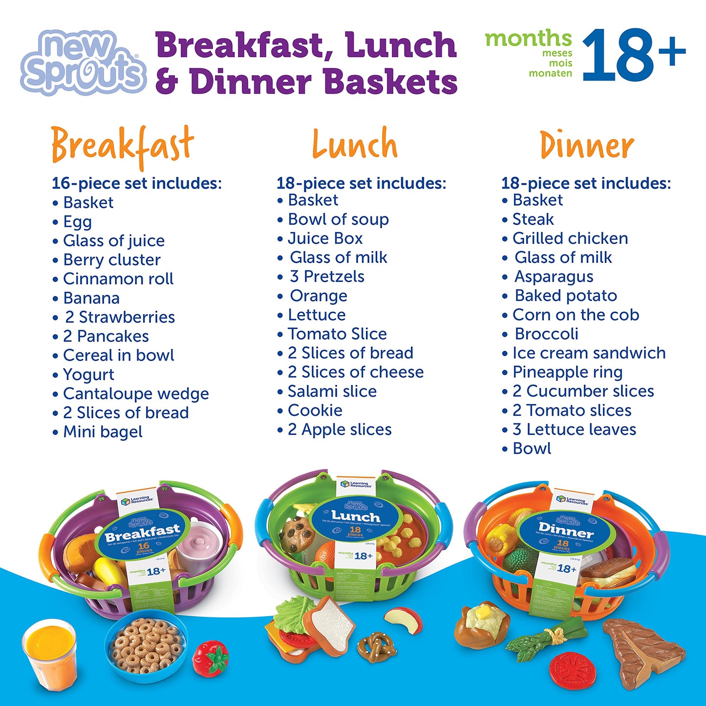 Learning Resources New Sprouts Bundle of Breakfast, Lunch and Dinner - 3 Sets, Ages 18+ months Toddler Pretend Play Food, Educational Toys for Toddlers, Supermarket Toys
