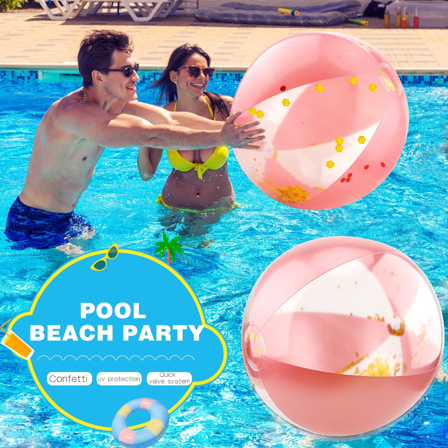 Sonarun 20 Pack 16 Inch Inflatable Glitter Beach Ball Rose Gold Confetti Beach Balls Bulk for Summer Beach Pool Water Party Play Toys Hawaii Luau Party Favors