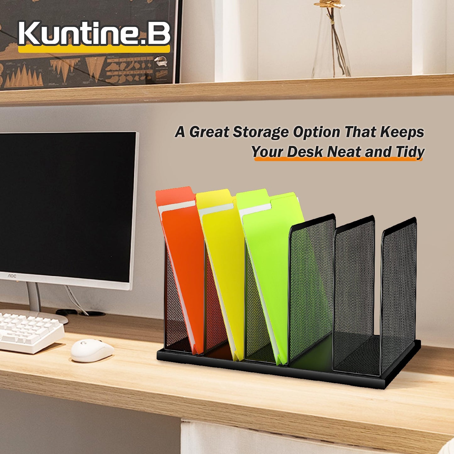Kuntine.B Desk File Organizer Upright Mesh Desktop Organizer File Sorter Office Organization File Holder for Home, Office & Classroom (Black, 2 Pack 5-Section)