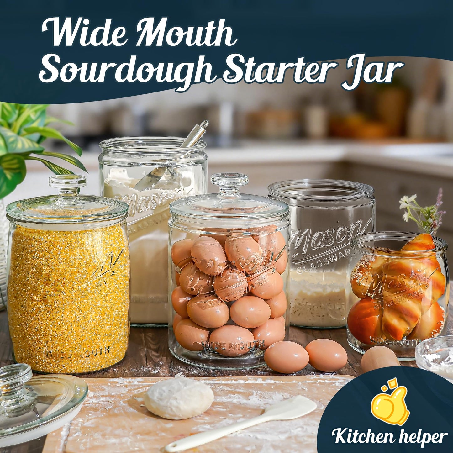 Dwbligt 2 Pack 1 Gallon Glass Cookie Jar with Lid, Glass Canisters for Pantry Organizers & Storage, Wide Mouth Mason Jar for Flour Sugar, Sourdough Starter, Coffee, Dog Treat, Apothecary, Laundry Room