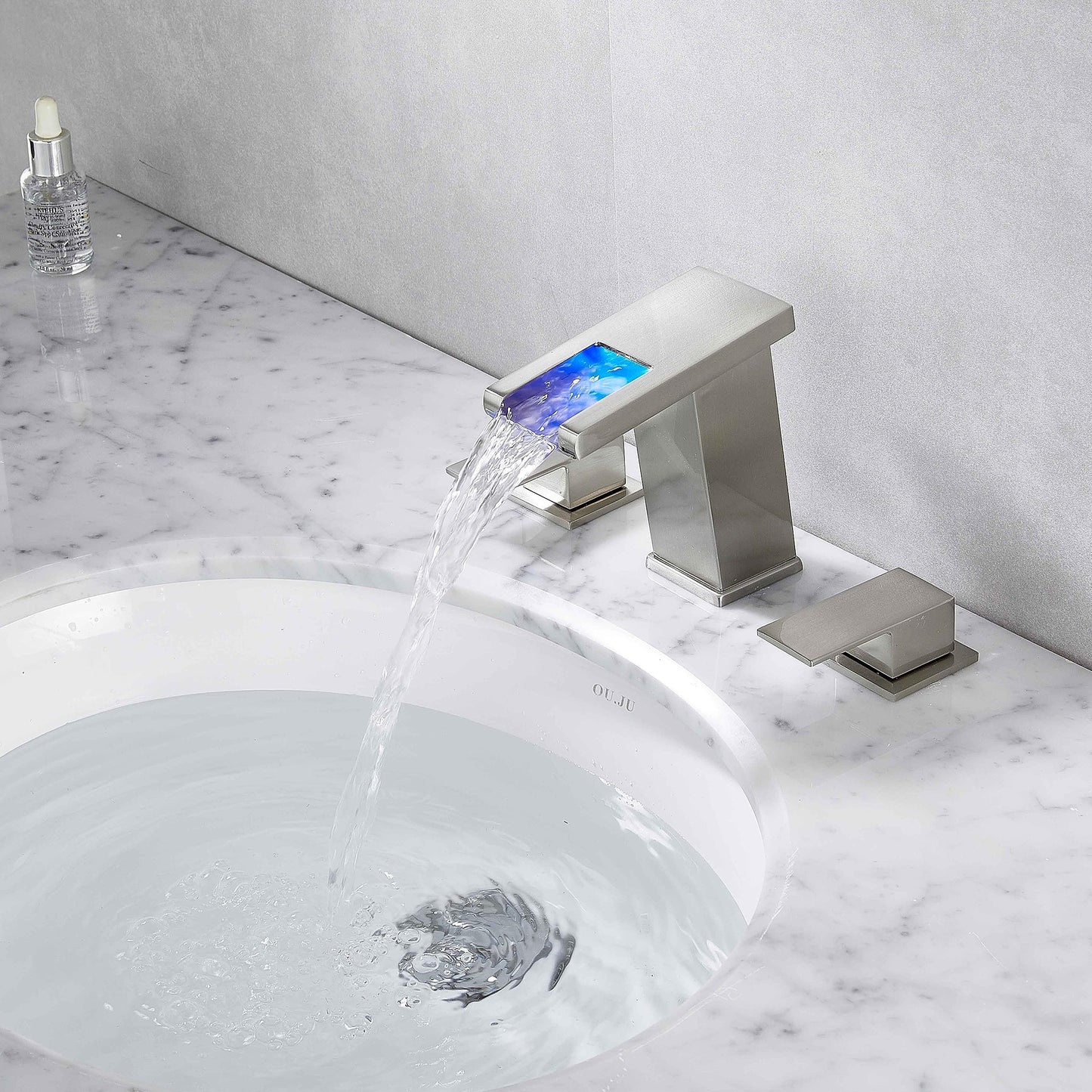 Kyatinsal LED Light Widespread Faucet for 3 Hole Brushed Nickel, 8 inch Widespread Modern Waterfall Bathroom Faucet with Pop Up Drain and Supply Hose, Waterfall Bathroom Sink Faucet Vanity Faucet