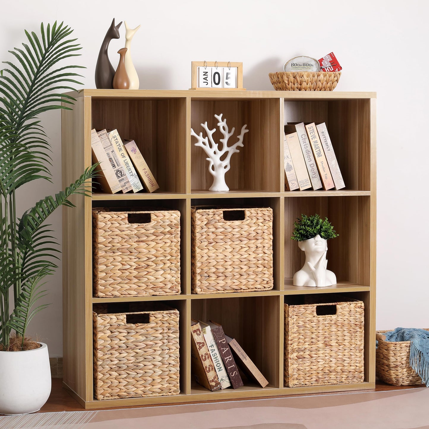 12 x 12 x 12in Water Hyacinth Storage Baskets, Wicker Storage Baskets for Shelves, Foldable Square Bins for IKEA Kallax Set of 3, Large Cubby Rattan Basket, Wicker Basket for Organizing