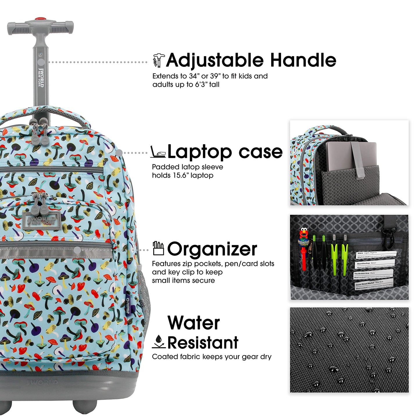 J World Sundance Laptop Rolling Backpack for Girls Boys. Roller Bookbag with Wheels, 20 Inch, Skyshroom