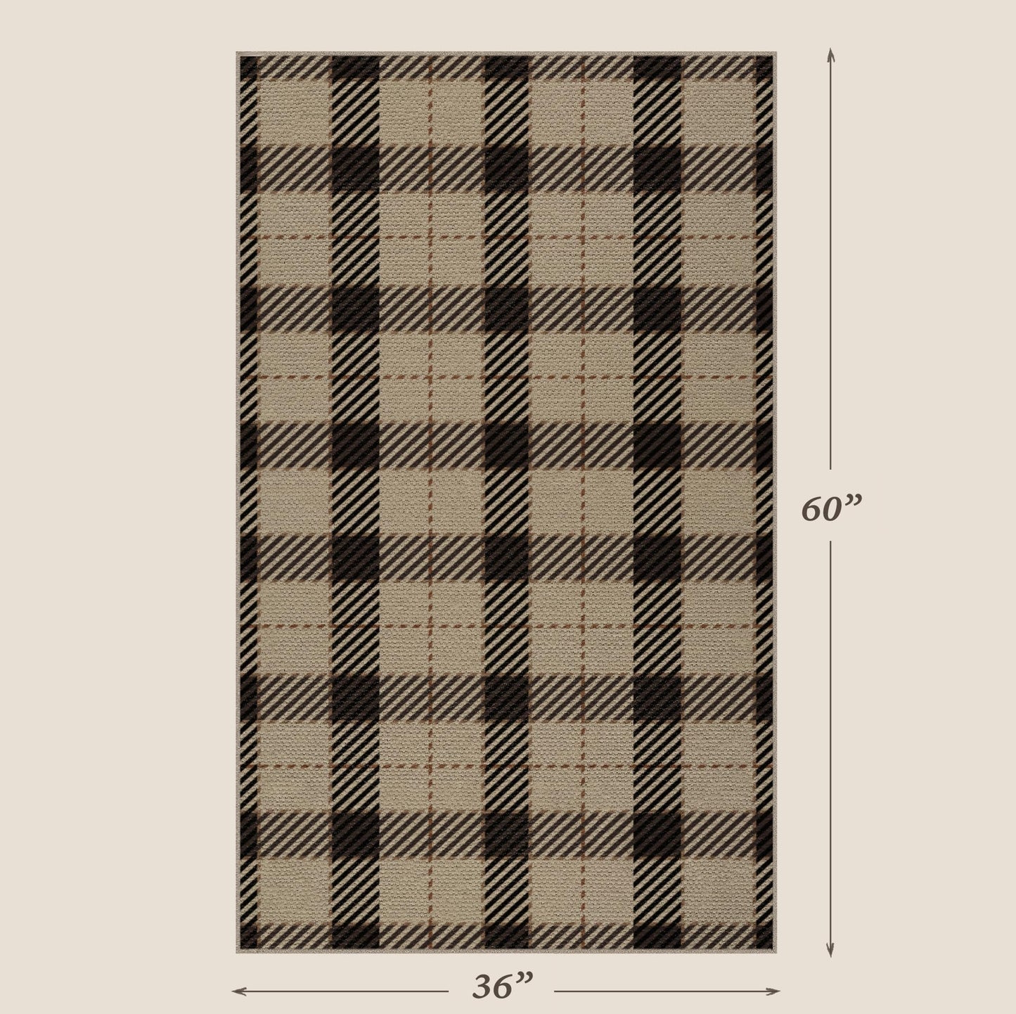 Washable Plaid Indoor Outdoor Rug 3x5 for Front Porch, Entryway, Patio, No Shed Easy Jute Non Slip TPR Backing Area Rug for Large Kitchen, Farmhouse Black & Tan Checkered Seagrass Aesthetic