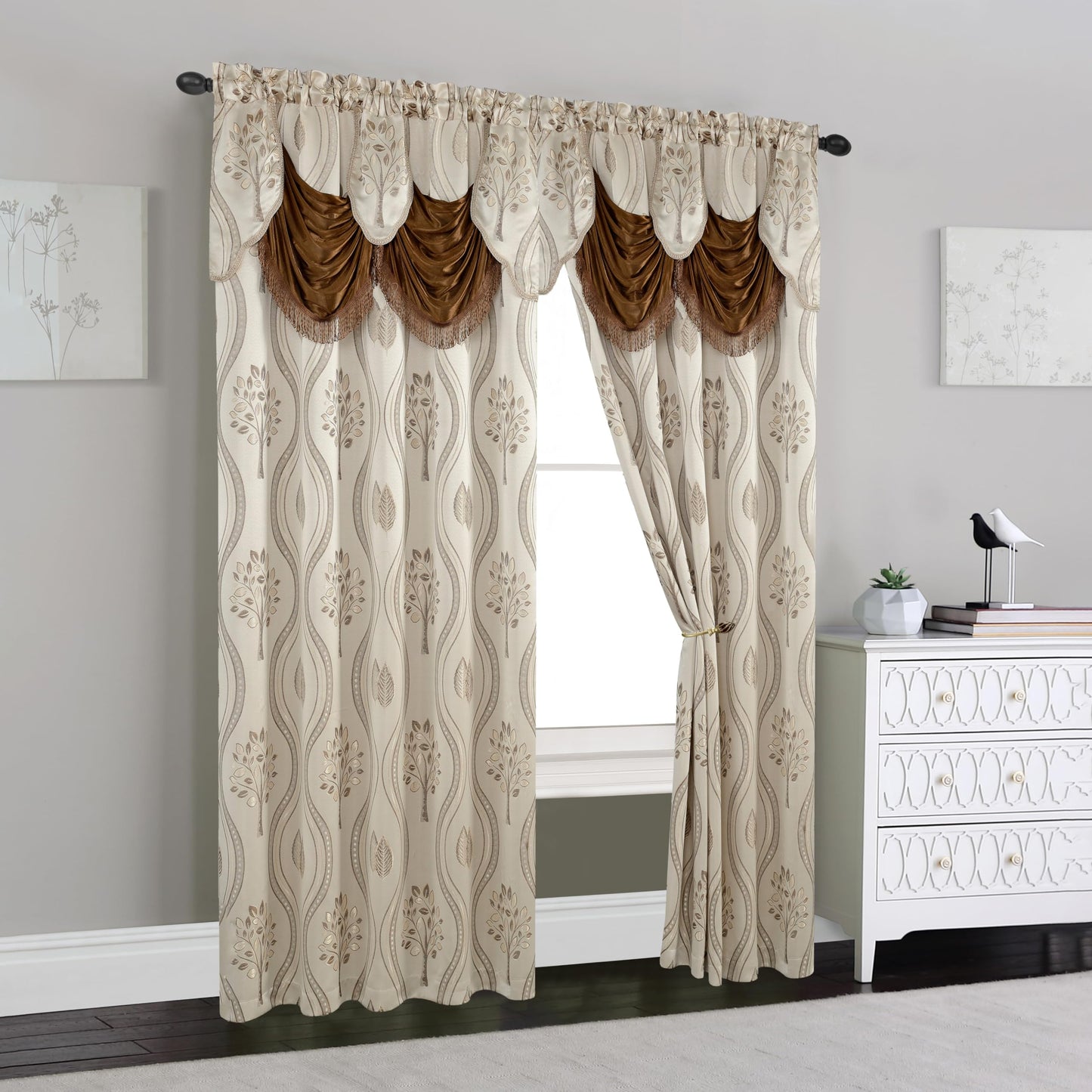 Elegant Comfort Luxurious Aurora Jacquard Look Curtain Panel Set with Attached Valance 54" X 95 inch (Set of 2), Beige