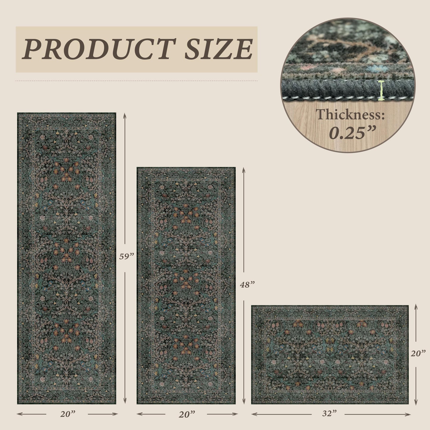 Black Green Kitchen Rug Set of 3, Washable Non-Slip Mats with Runner, Low Pile Vintage Botanical Floor Covering for Entryway, Bathroom, Hallway, Laundry Room