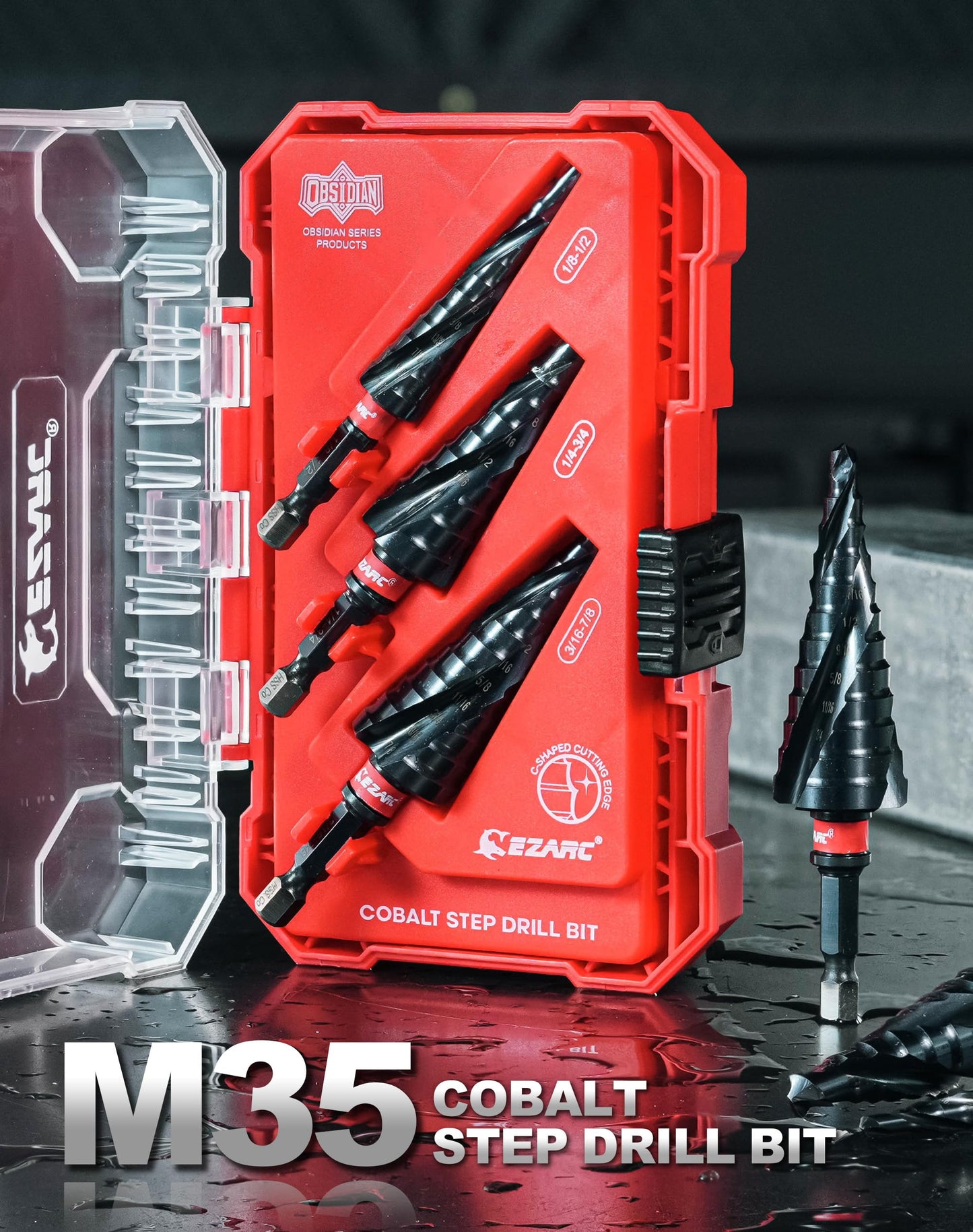 EZARC Step Drill Bit for Metal, M35 Cobalt Unibit Step Drill Bit Set 1/8"-7/8"(3pcs) Wear-Resistant AlTiN Coated, 1/4" Hex Shank for Metal, Stainless Steel, Aluminum, Plastic