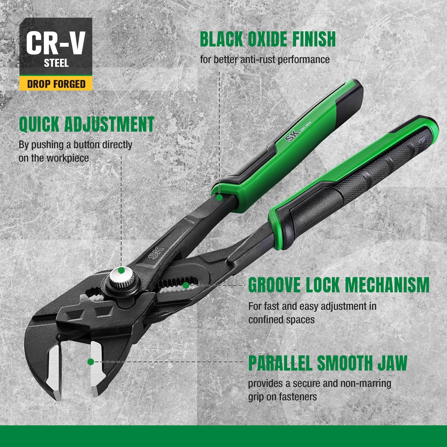 SK 5-Piece Pliers Set, 8" Adjustable Joint Plier, 8", 10" and 12" Quick Adjust V-Jaw Groove Joint Pliers, 10" Plier Wrench, Premium CR-V Construction, with EVA Foam Tool Organizer