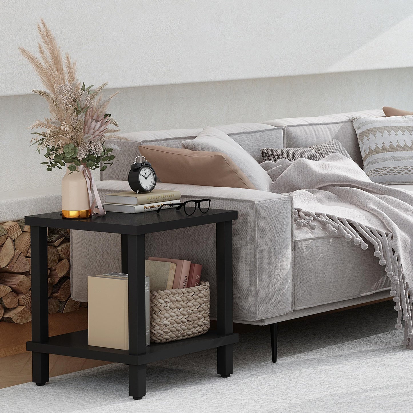 MMEOLUOOK Large End Table Square Side Table Modern Sofa Table 20 Inch Industrial Coffee Table NightStand with 2-Tier Storage Shelf for Living Room Bedroom Black MLBZ06B