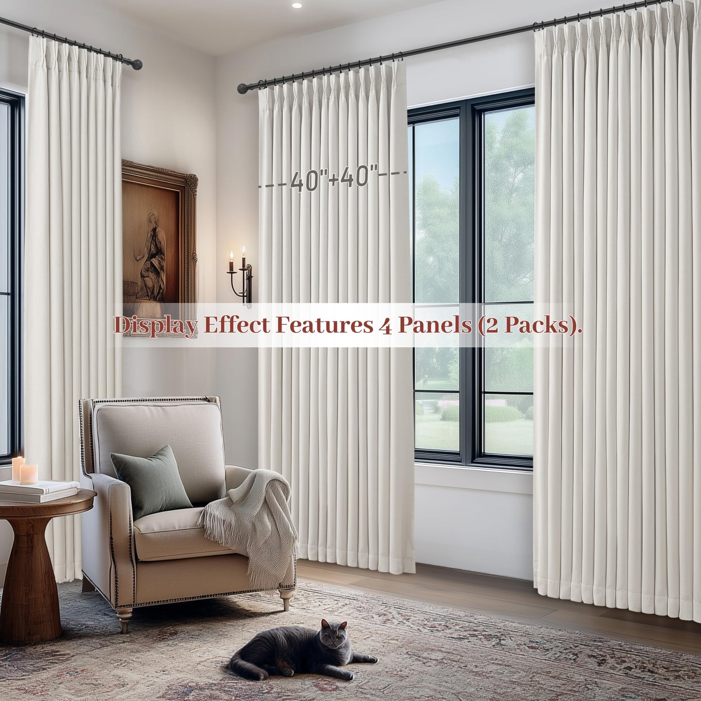 100% Blackout Linen 96 Inch Curtains 2 Panel Set for Bedroom, Modern Pinch Pleated Natural Linen Off Beige White Insulated Heavy Curtain 40 x 96 Inches Length Sliding Glass Door Room Darkening Drapes