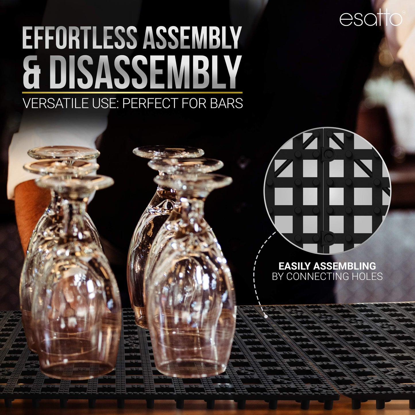 Esatto 12 Pack Interlocking Shelf Mats 12″, Black – For Spills, Clean Bars, Stain Protection, and an Anti-slip Surface