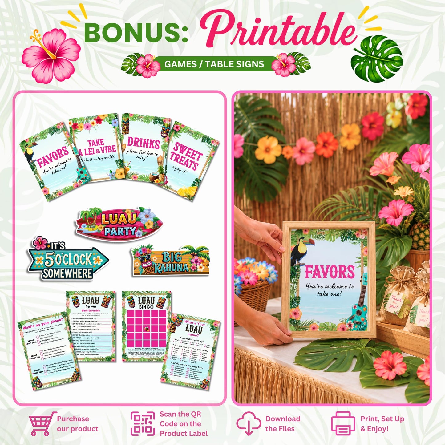 RainMeadow Premium Luau Birthday Party Decorations Set for 25 guests - Hawaiian Theme with Aloha Banner, Balloons, Flamingo, Tableware - Tropical Luau Party Supplies