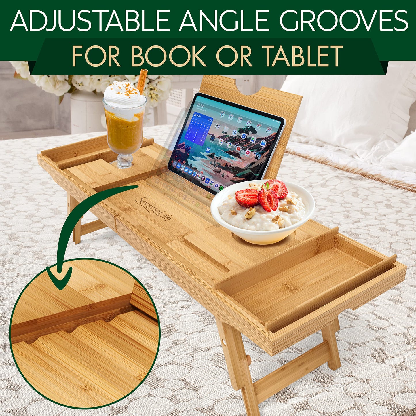 SereneLife Bath Caddy Breakfast Tray Combo - Natural Bamboo Wood Waterproof Tub and Bed with Folding Slide-Out Arms, Device Grooves, Wine Glass Soap Holder