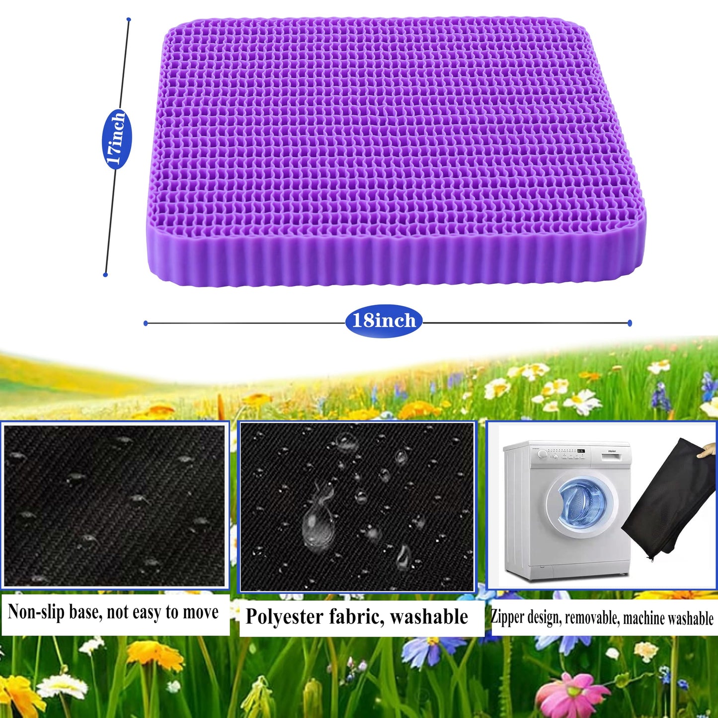 Innovative Gel Seat Cushion for Long Sitting, Large Cooling Supportive Seat Cushion for Back, Sciatica, Tailbone Pain Relief, Used for The Office, Wheelchair, Recliner, Car, Stadium, Kayak.(Púrpura)