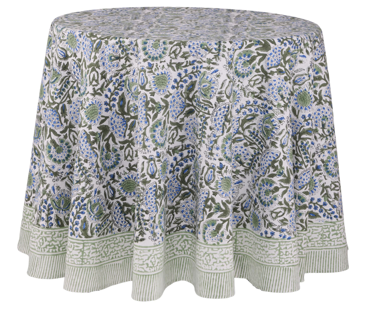 ATOSII Clover Blue 100% Cotton Round Boho Fall Tablecloth, Handblock Floral Table Cloth Linen for Kitchen Dining I Parties Wedding Outdoors Christmas Thanksgiving I 90" Inches Round I 6 Seater