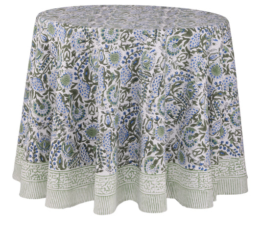 ATOSII Clover Blue 100% Cotton Round Boho Fall Tablecloth, Handblock Floral Table Cloth Linen for Kitchen Dining I Parties Wedding Outdoors Christmas Thanksgiving I 90" Inches Round I 6 Seater