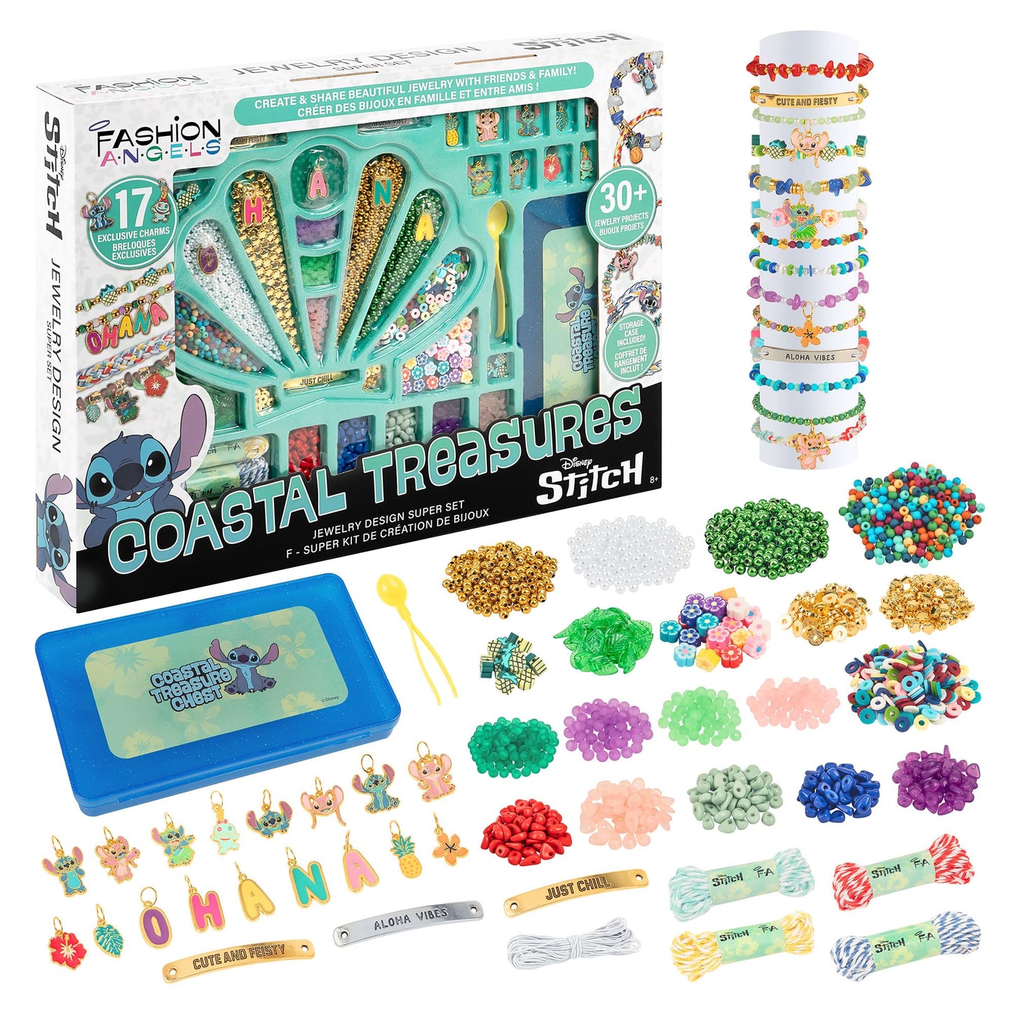 Fashion Angels Disney Stitch Coastal Treasures Jewelry Design Super Set, Includes Shell-Shaped Tray, Enamel Charms & More, DIY Creative Making Kit for Kids