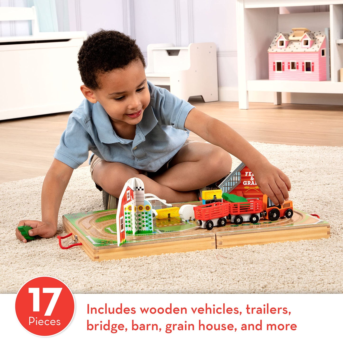 Melissa & Doug 17-Piece Wooden Take-Along Tabletop Farm, 4 Farm Vehicles, Play Pieces, Barn, Grain HouseTake-Along Pretend Play Toy Barn Toys for Toddlers Ages 1+