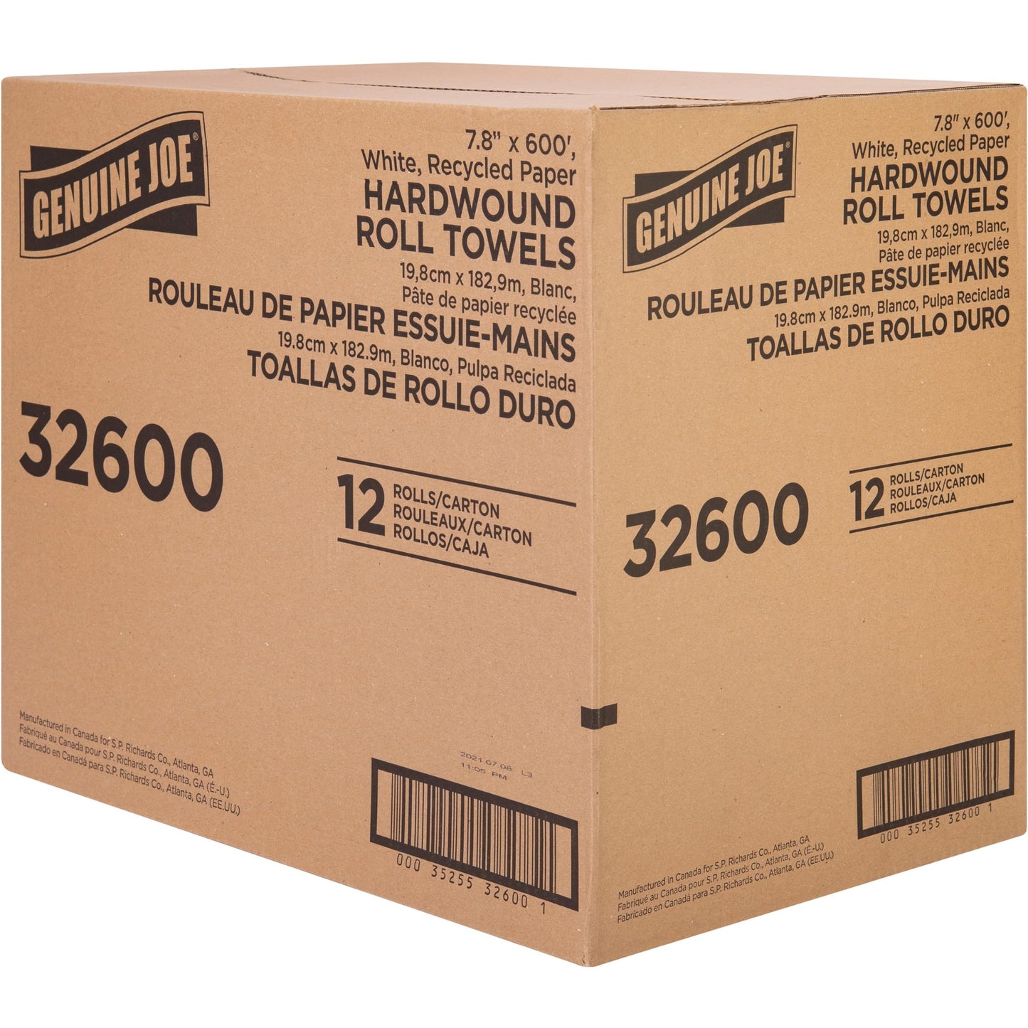 Genuine Joe Embossed Hardwound Roll Towels, 2" Core, 1-Ply, 7.8" x 600', White, 12 Count