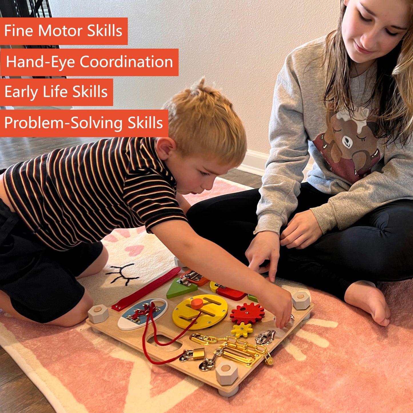 Smartwo Double-Sided Busy Board, Montessori Activities Wooden Sensory Toy for Preschool Educational Learning, Train Fine Motor, Concentration, and Life Skill Abilities for Kids 3+ Years Old