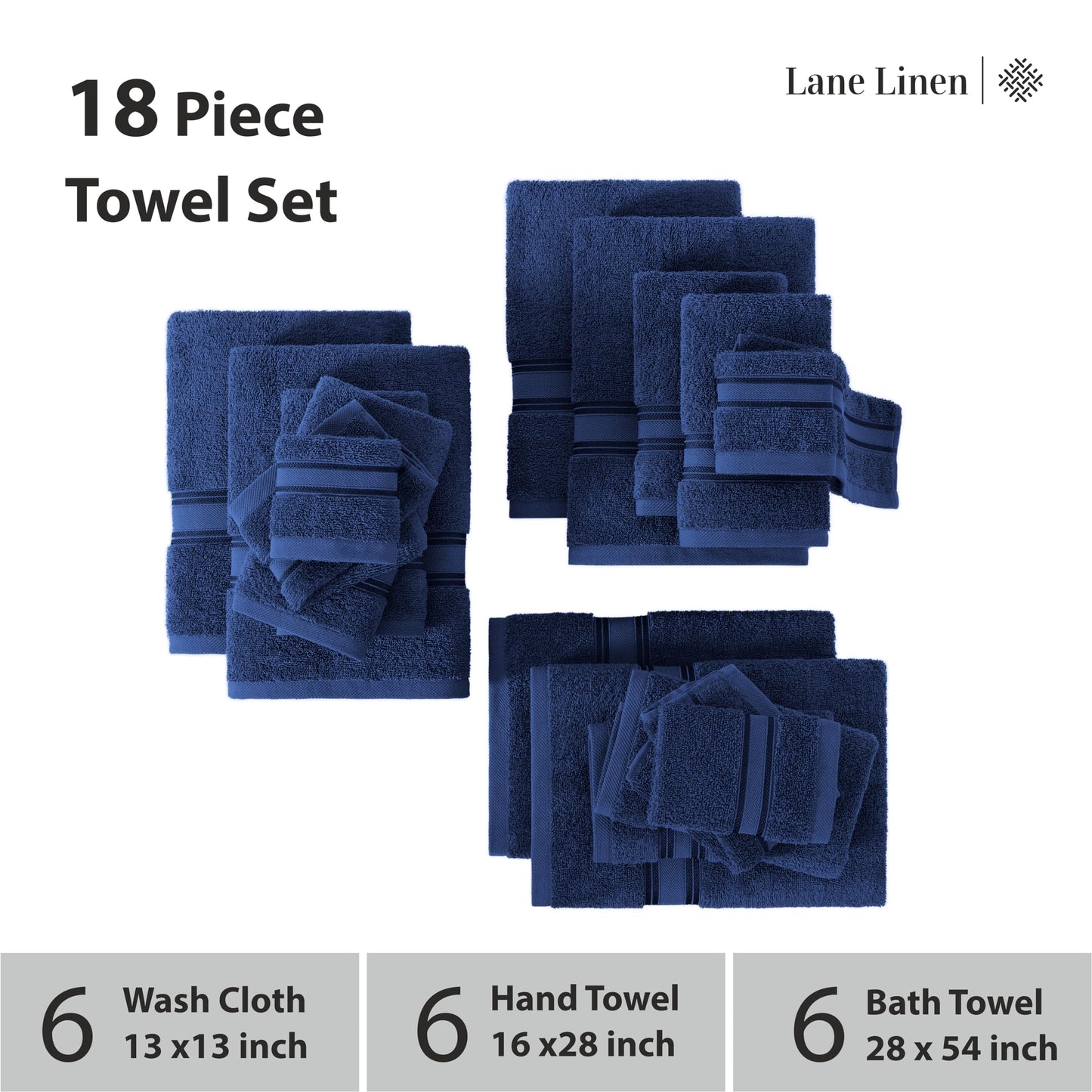 LANE LINEN 100% Mercerized Cotton Bath Towel Set of 18 – Zero Twist Shower Towels, 6 Bath, 6 Hand Towel & 6 Washcloths, Quick-Dry, Luxuriously Soft & Durable, Perfect for Everyday use – Navy