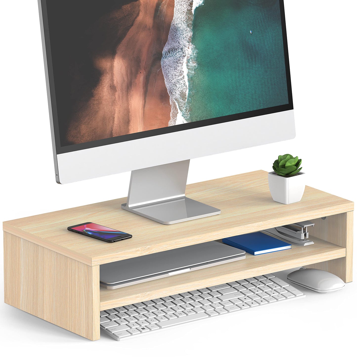 FITUEYES Monitor Stand - 2 Tier Computer Monitor Riser with 21.3 Inch Shelf, Wood Desktop Stand for Laptop Computer Screen, Desk Organization, Office Supplies