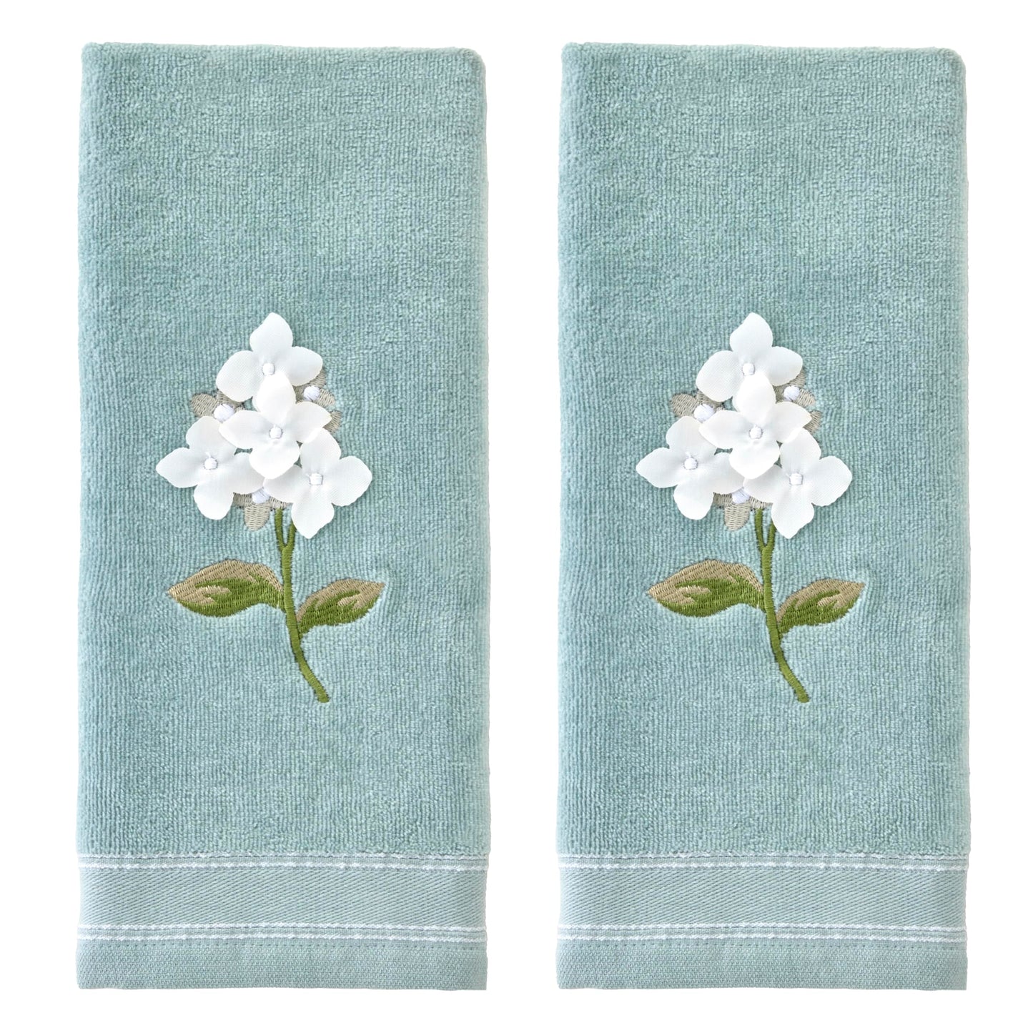 SKL Home Farm Hydrangea 100% Cotton 3D Embroidered 2pc Hand Towel Set, Decorative for Bath/Kitchen/Bar & Gift, Seafoam