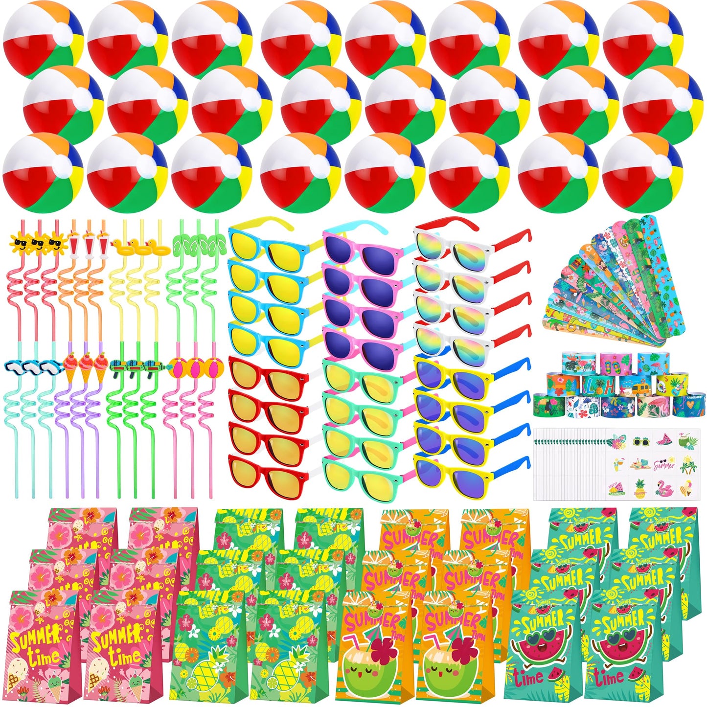 Elcoho 144 Pieces Pool Party Favors Beach Toys Including Inflatable Beach Ball, Sunglasses, Paper Bag Straw Tattoo Slap Bracelet Beach Summer Party Favors for Birthday Graduate Pool Party Age 4-12