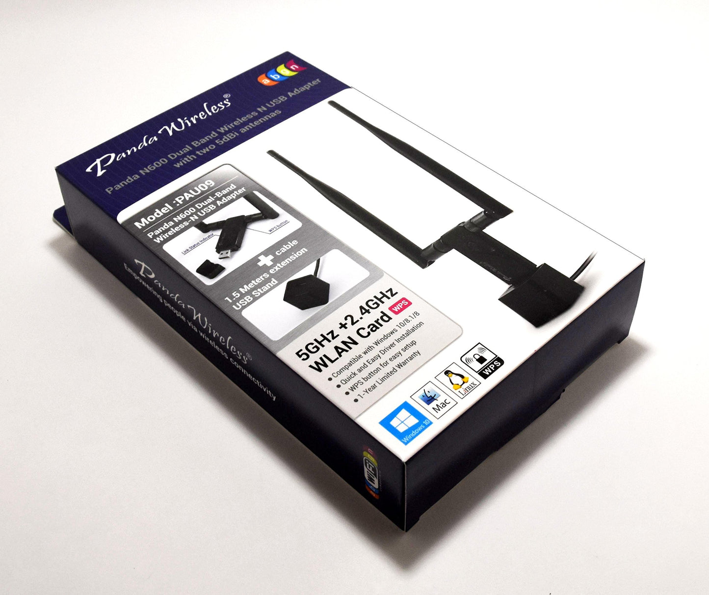 Panda Wireless® PAU09 N600 Dual Band (2.4GHz and 5GHz) Wireless N USB Adapter W/Dual 5dBi Antennas - Windows 7/8/10/11, Zorin, Mint, Ubuntu, openSUSE, Fedora, Centos, Kali and Raspbian