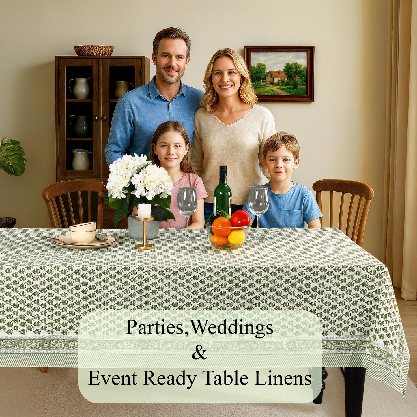 CPC Tablecloth 100% Cotton 70x118 Inch Indian Block Print Rectangle Table Cover, Table Cloth for Weddings, Spring/Summer, Barbeque - Emerald Green