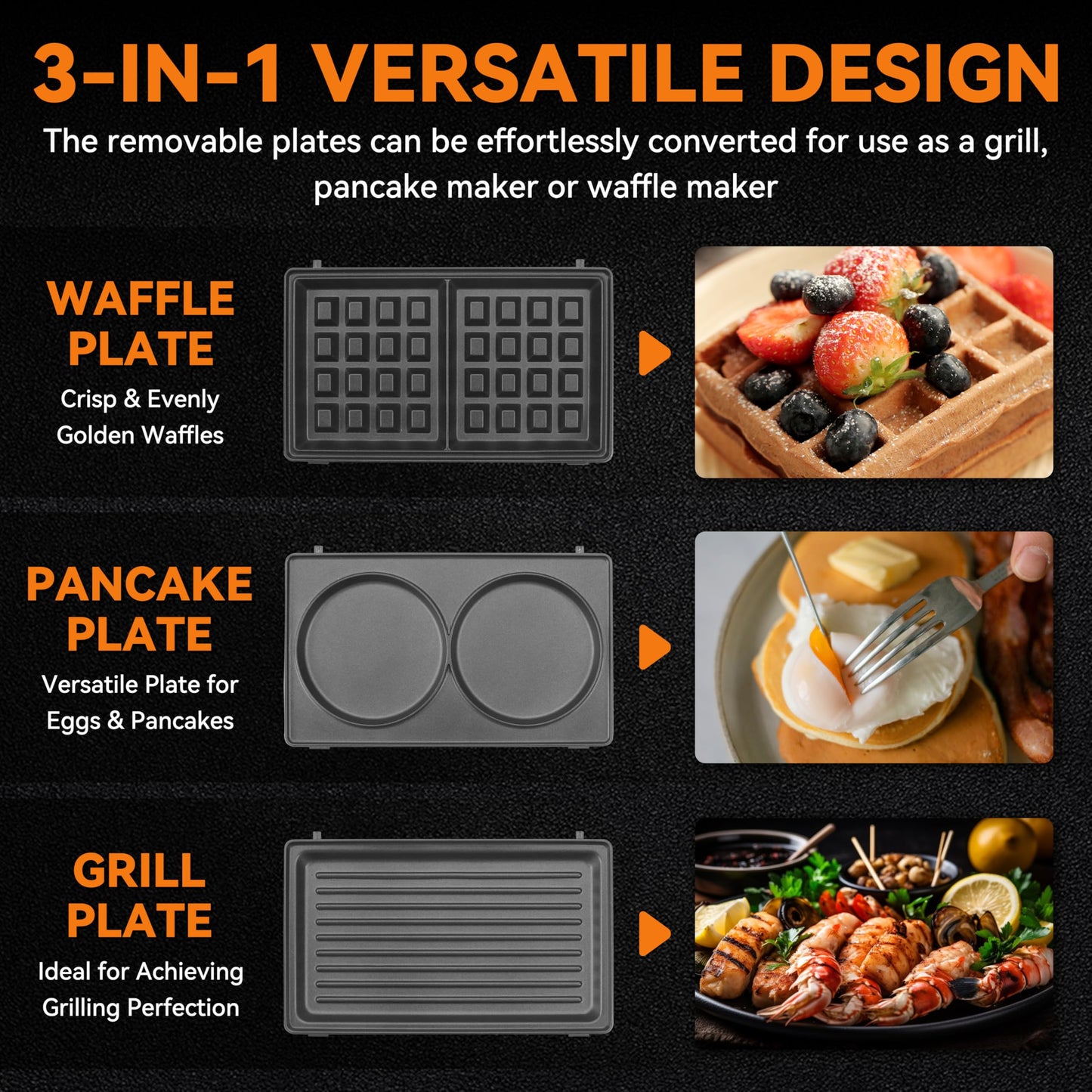 Baker’s Friend 3 in 1 Mini Waffle Maker with Removable Plates, Dual Waffle & Pancake and Grill Plates, Breakfast Sandwich Maker Press, Dishwasher Safe, Non-stick Coating, Graphite