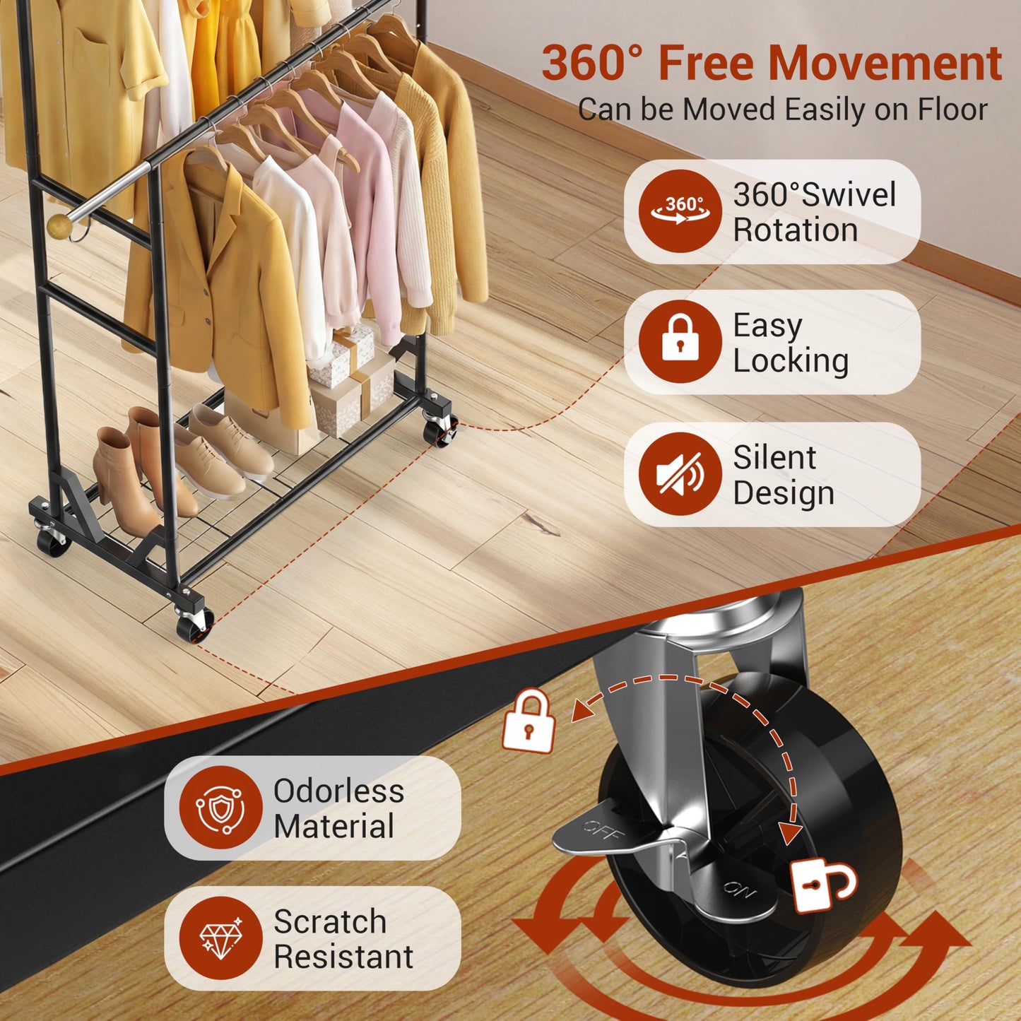HRUSGO Rolling Garment Rack - Double Rod Clothes Rack with Lockable Casters, Mesh Storage Shelf & Anti-Slip Wooden Finials accented - Sleek Black Freestanding Closet Organizer for Coats, Dresses