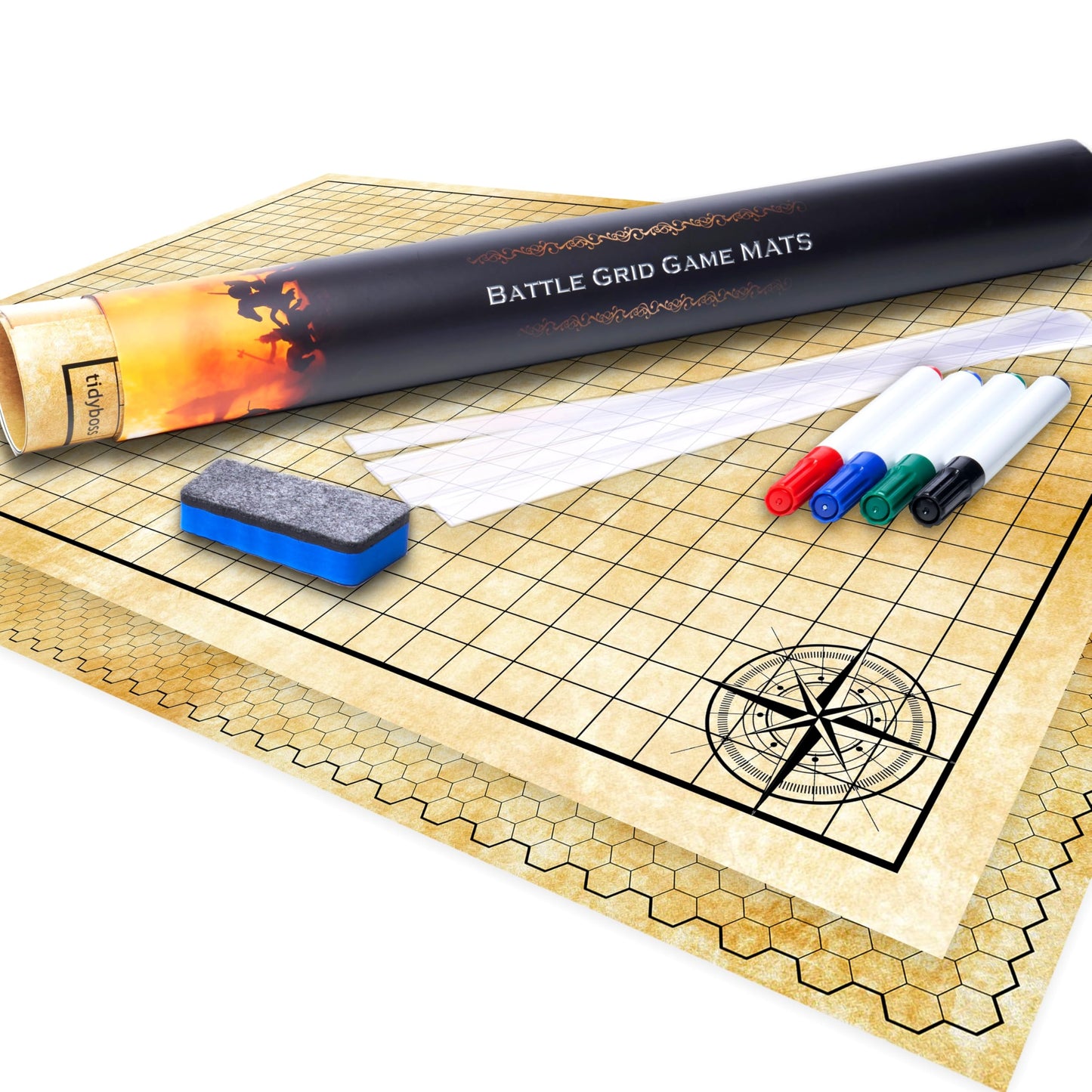 TIDYBOSS 36" x48" Large DND Map | Dry Erase Battle Map | Double-Sided with Grids & Hexes | DND Starter Kit & Warhammer Terrain | Accessories Included