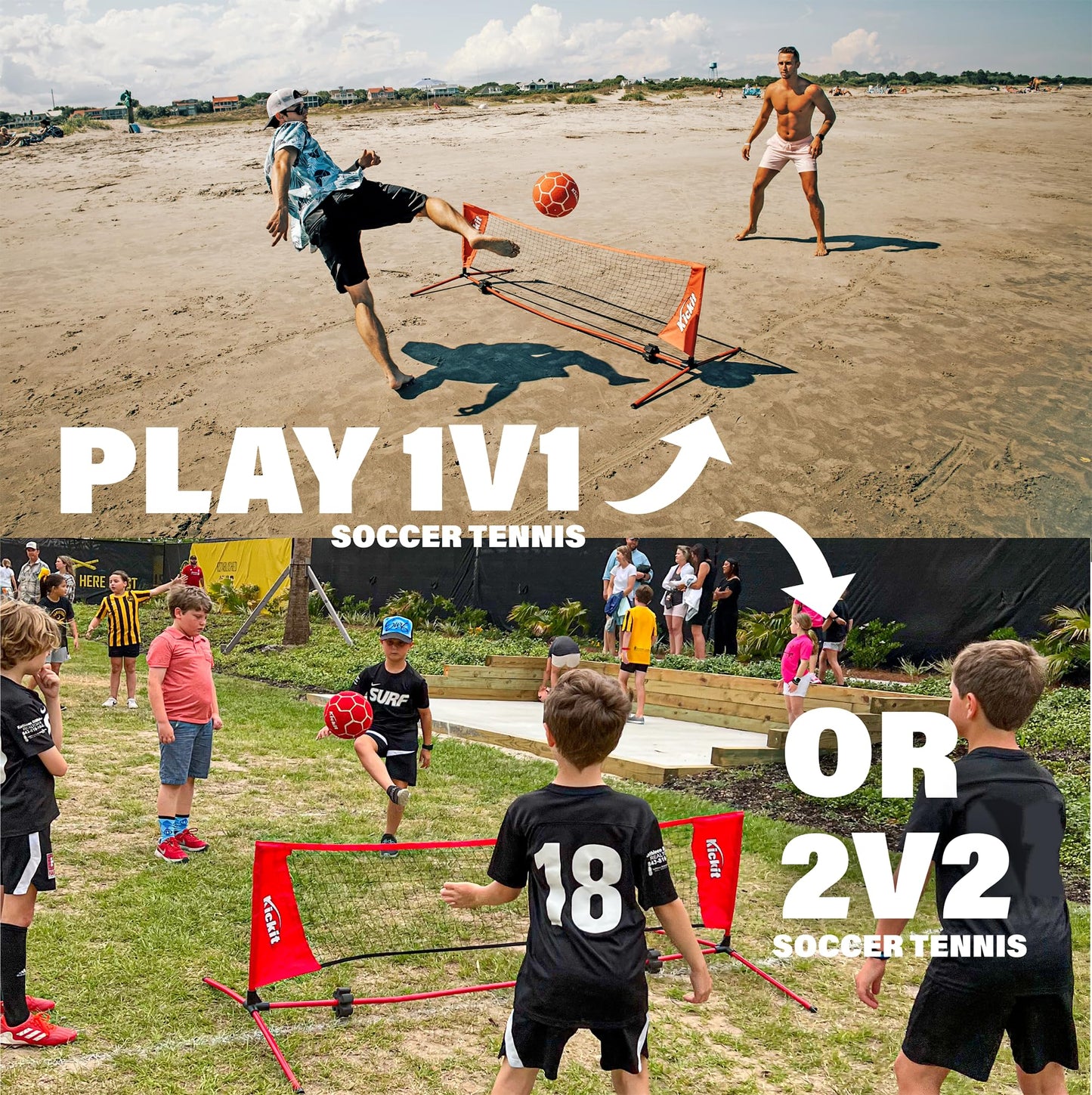 KickIt Soccer Tennis Game Set, Portable 6.5' Wide x 2' High Net with Soft Lightweight Ball, Red, Metal, Complete Skills Training, Outdoors Indoors Backyard Beach, Travel Friendly, Ages 7+
