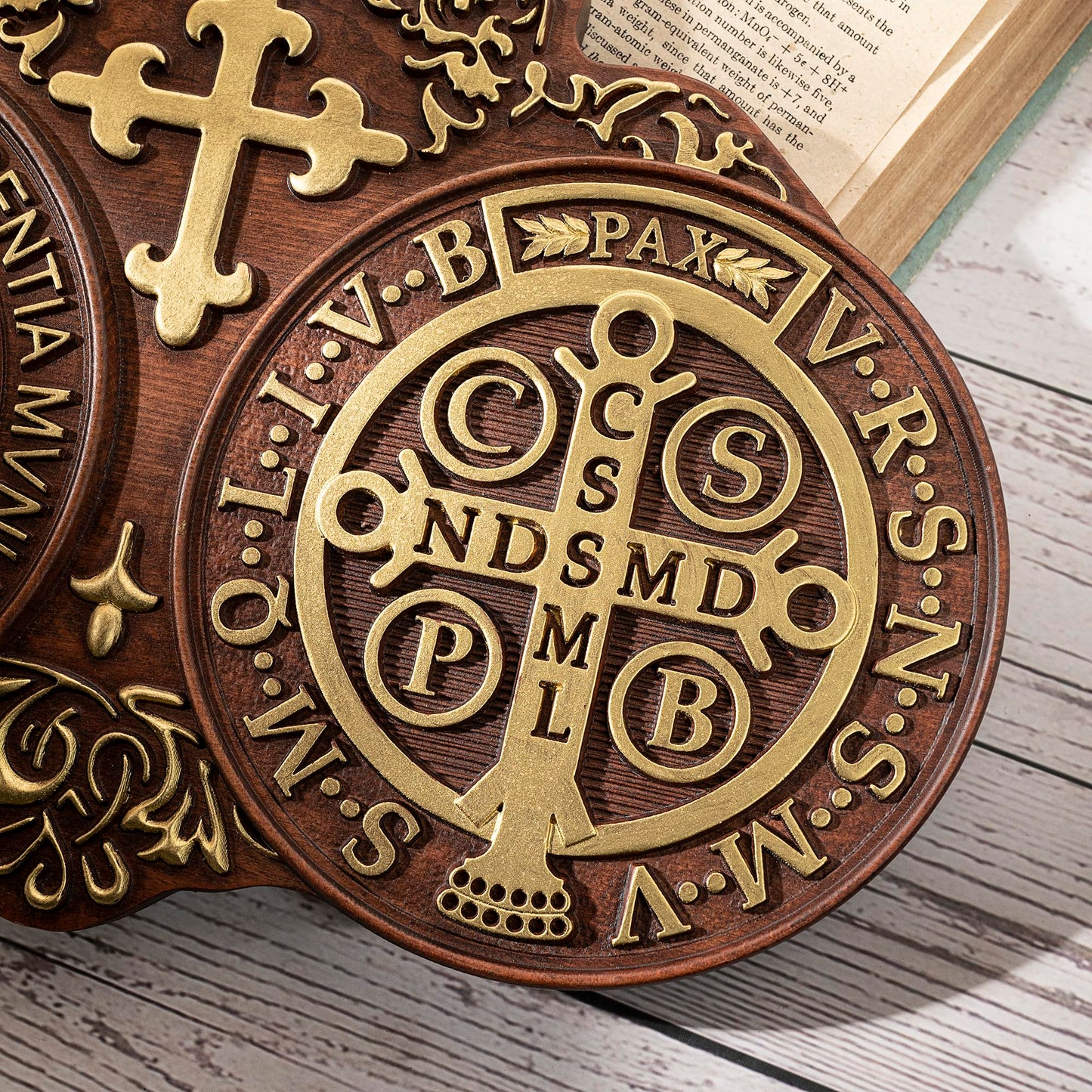 bgcarpenter Wooden Saint Benedict Plaque, St Benedict Medal Wall Decor Wall Art, Handmade Wall Hanging Sign, Religious Wall Plaque for Living Room Bedroom Kitchen - 16 Inch