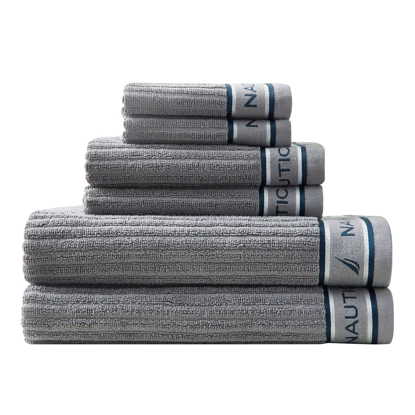 Nautica – Bathroom Towels, Washcloth, Bath & Hand Towel Set, Highly Absorbent Ribbed Terry Cotton, Set of 6, College Dorm Room Essentials (Signature Grey)