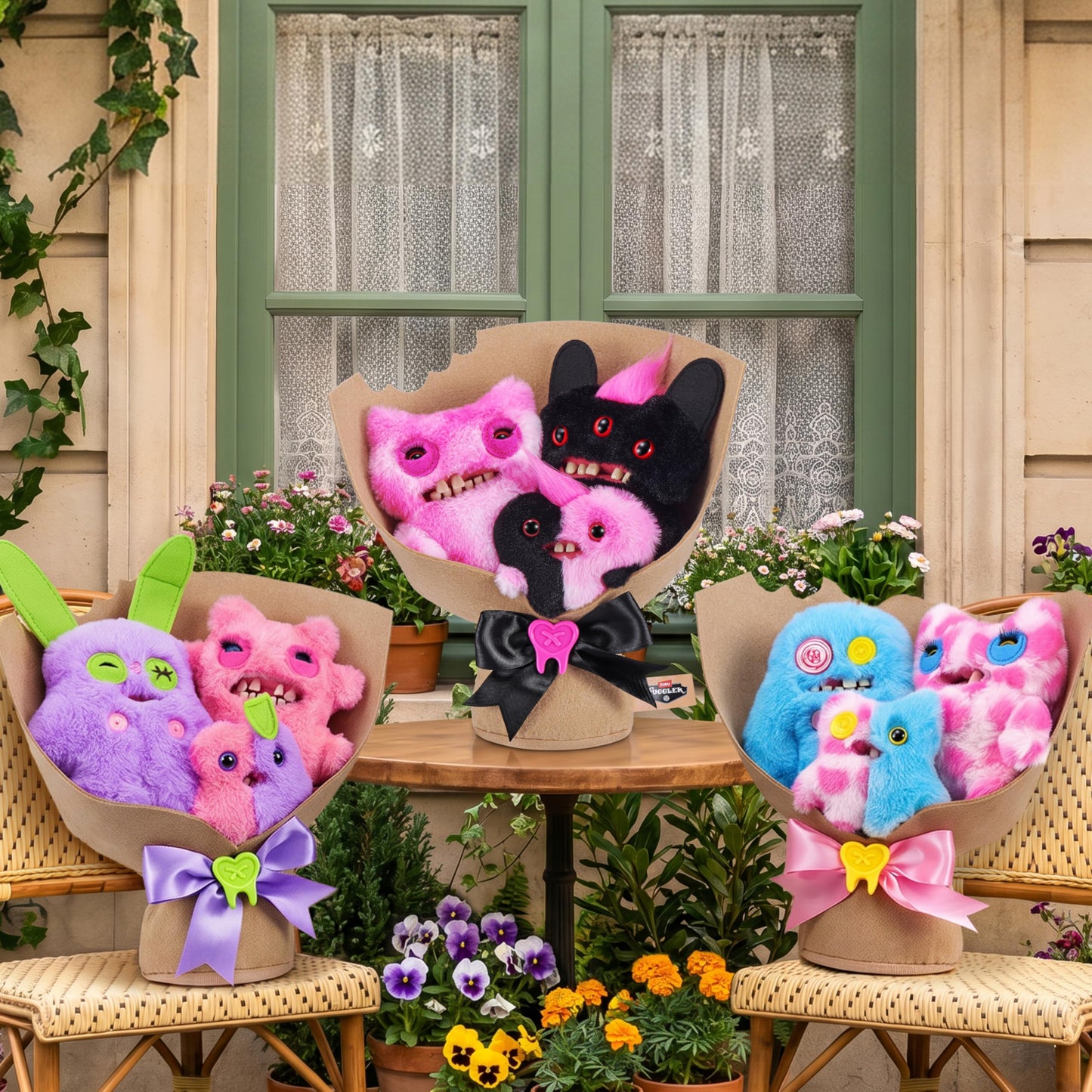 Fuggler Bouquets 2 x 9 Inch + 1 x 3.5 Inch Plush Set (Munch Munch, Reek-o, Munch-o) by ZURU, Funny Ugly Monster Designs, Two Full-Size + One Mini Fuggler, Unique Gift for Collectors