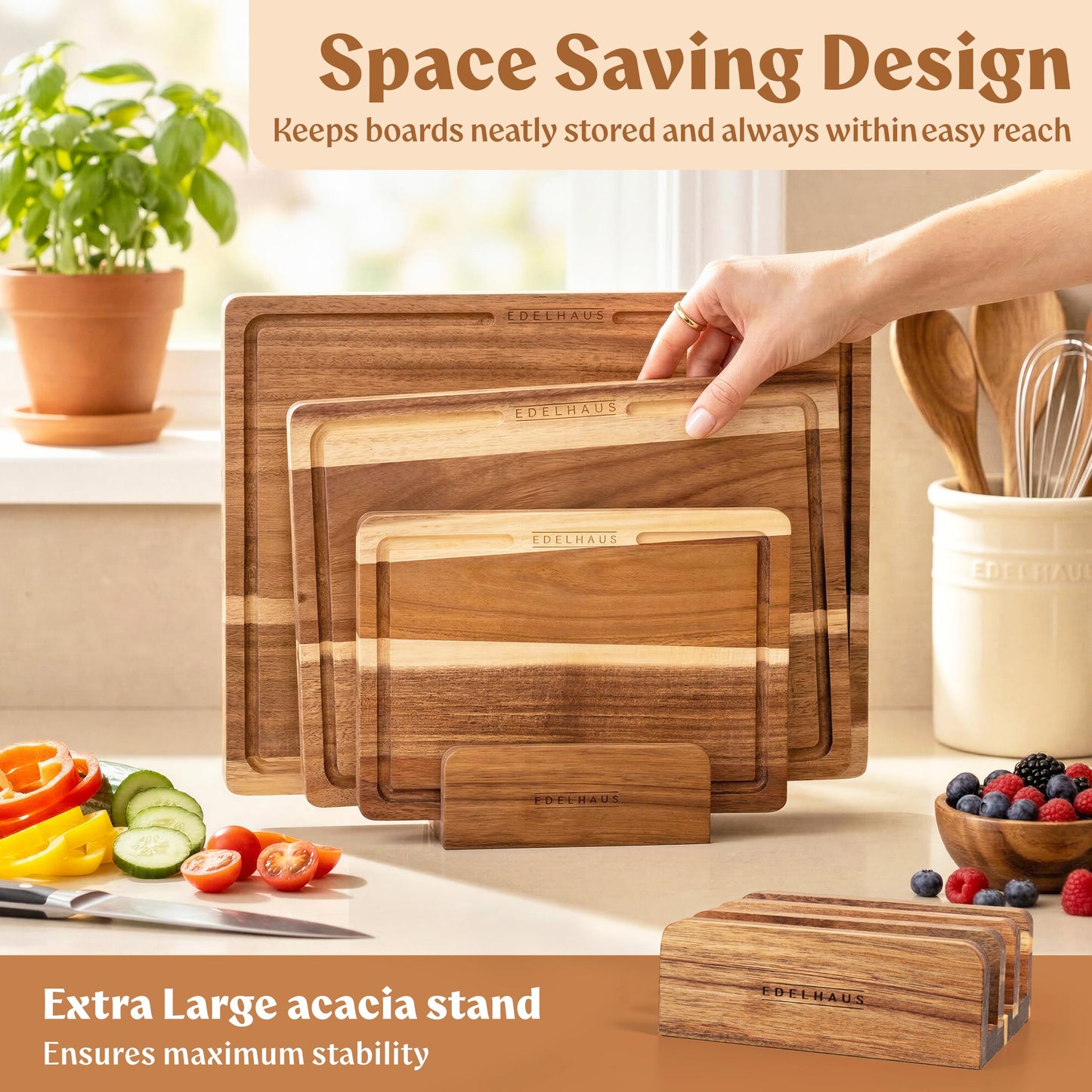 Acacia Wood Cutting Boards for Kitchen, Non-Toxic Chopping Board Set of 3 with Deep Juice Groove for Meat, Cheese & Vegetables - Durable & Double sided with serving Compartments & Holder, Stand