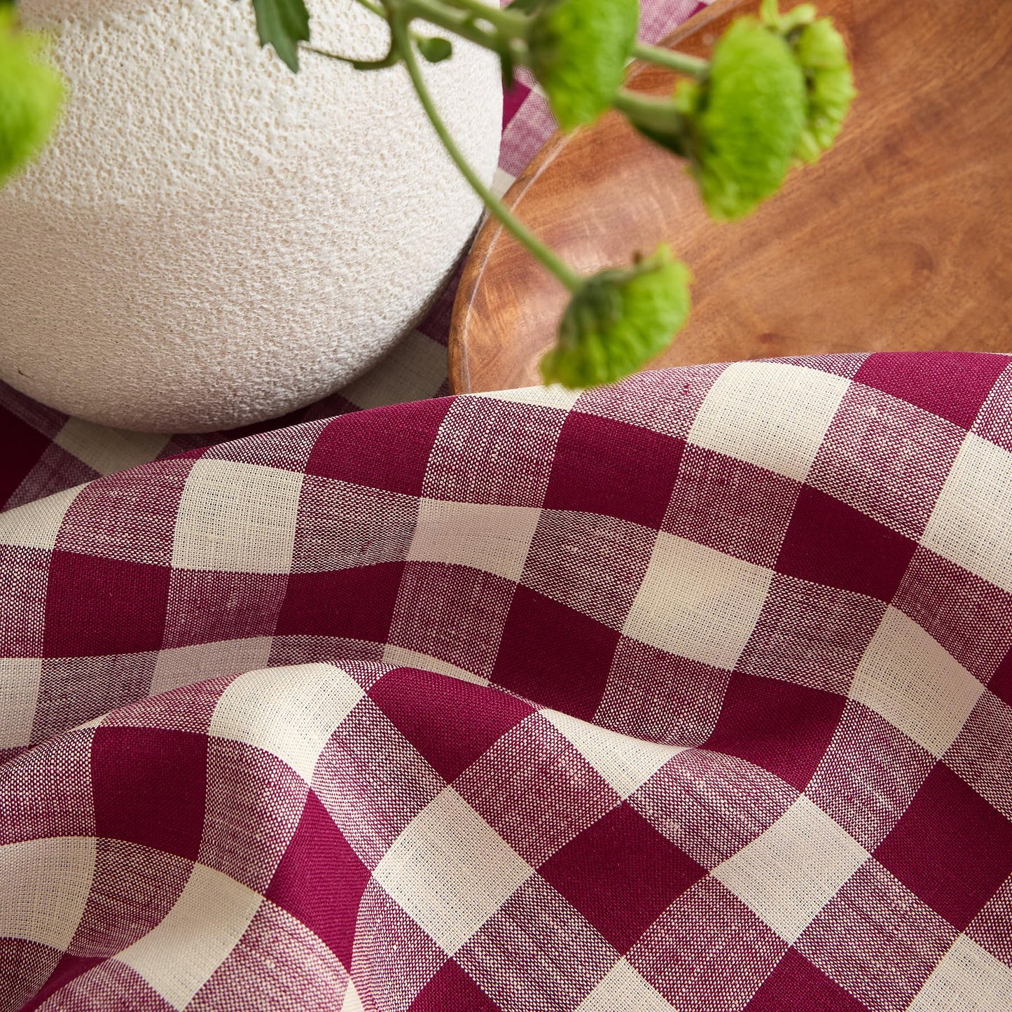 Solino Home Linen Tablecloth 52 x 52 Inch - 100% Pure Linen Beet and Cream Square Table Throw - Morgan Check, Machine Washable Table Cloth for Winter, Valentines, Spring