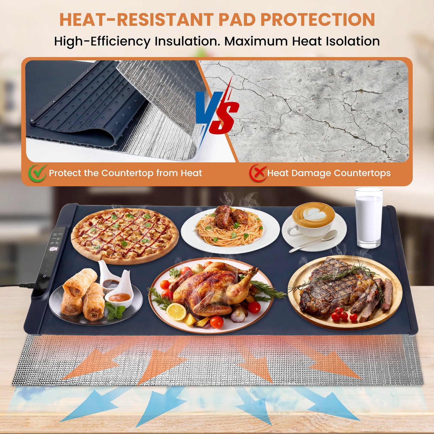 XXL Extra Large Warming Mat for Food with Heat Resistant Pad, 36”x15” Electric Food Warmer for Parties Buffet with 6 Preset Modes, Dual Temprature Display, Child Lock & Auto Shut-Off