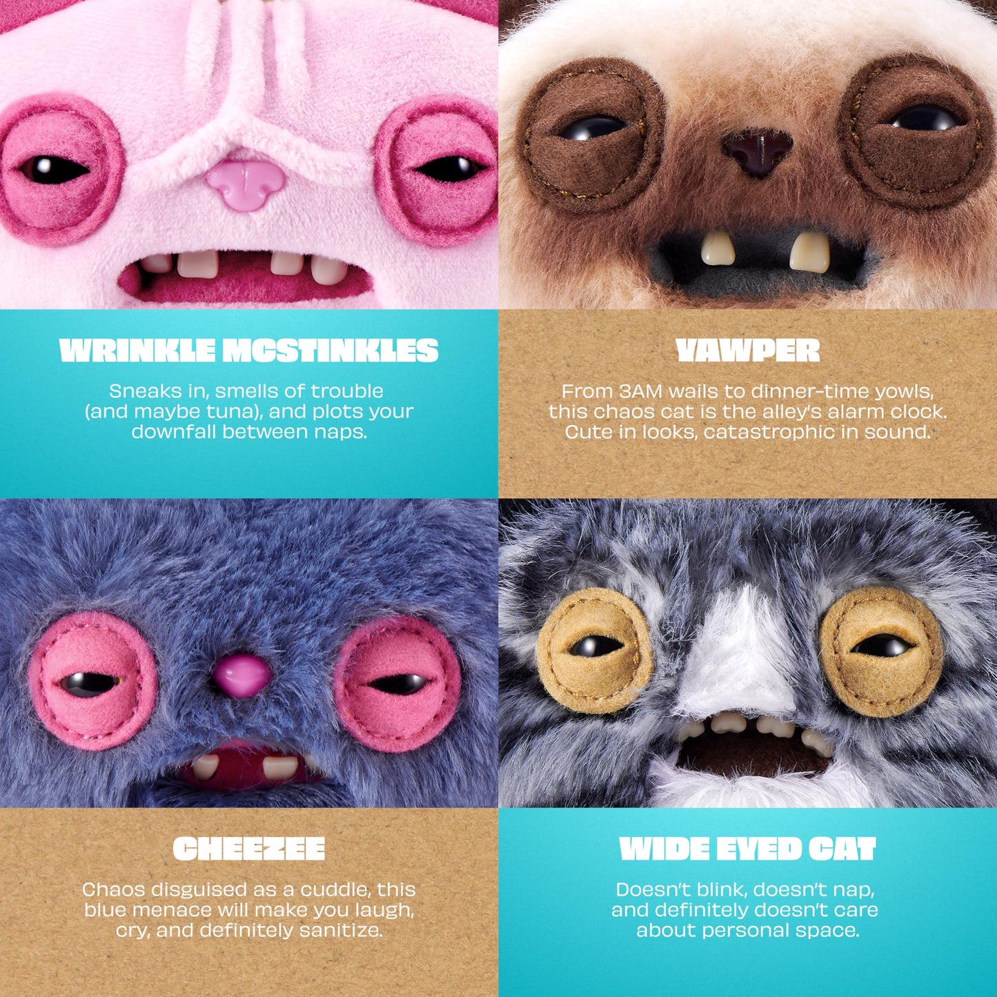 Fuggler Alley Cat Keyring 5 Inch Plush Collectible (6 Pack) by ZURU Funny Ugly Monster Featuring Mischievous Alley Cat Design, Signature Teeth, and Clip-On Keychain for Keys and Backpacks