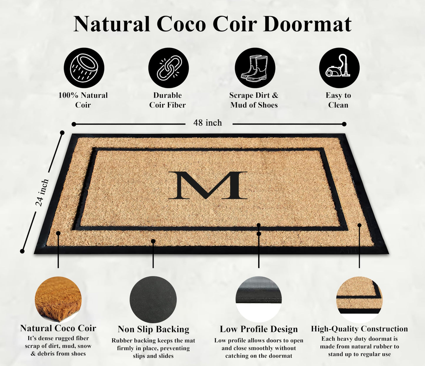 A1HC Natural Coir & Rubber Large Monogrammed Doormat, Thick Durable Entry Mats for Entrance Heavy Duty, Thin Profile, Long Lasting Front Door Mat - 24"x48"