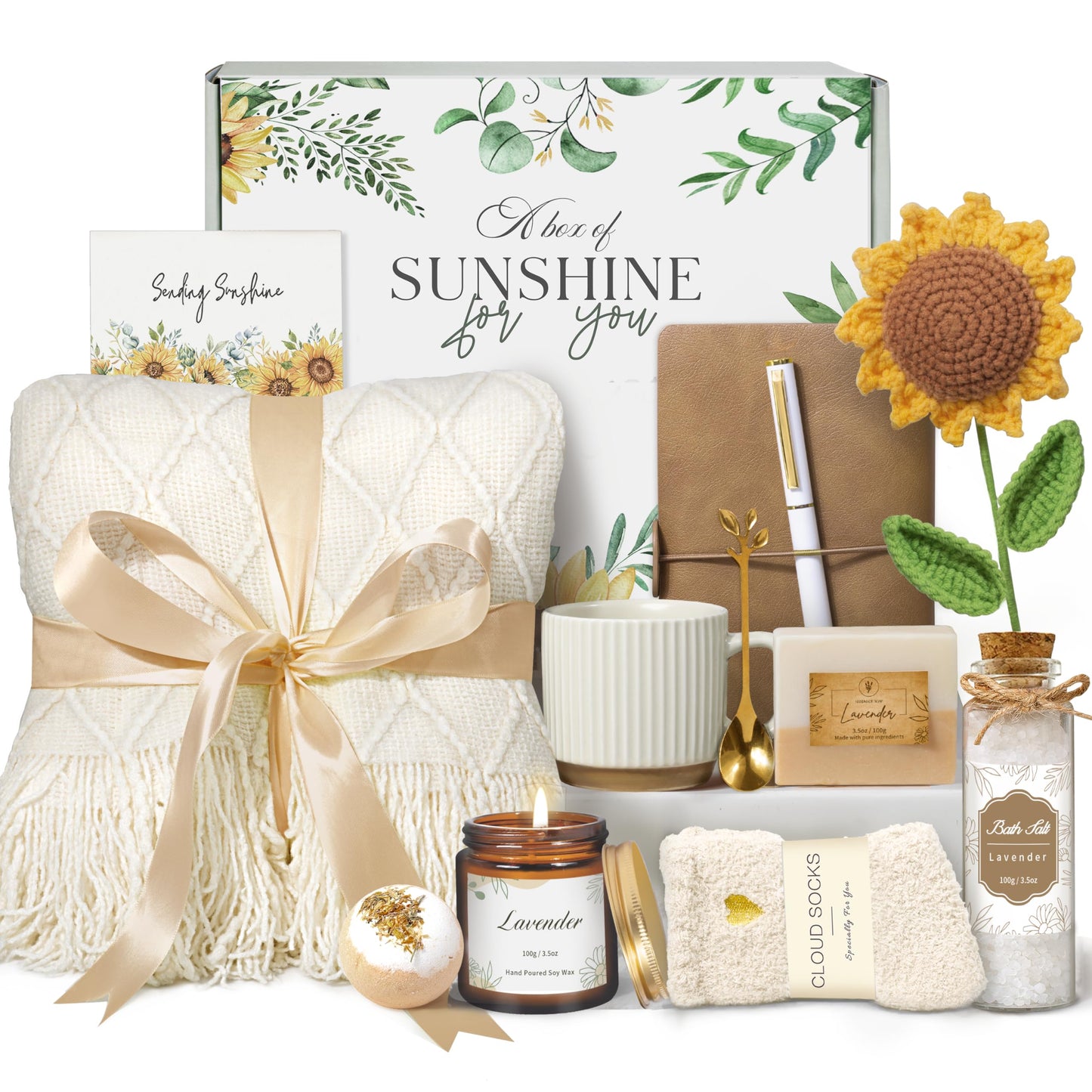 Gifts for Women, Mothers Day Birthday Gifts for Women, Get Well Soon Self Care Package After Surgery, Sending Sunshine Sunflower Basket, Thinking of You Inspirational Gift for Mom Her Sister Wife