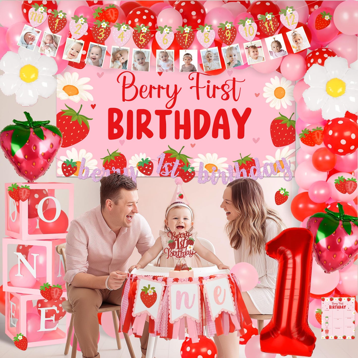 Kriyokiaa Berry First Birthday Decor Strawberry 1st Birthday Decorations for Girls, Sweet One Girls Birthday Party Supplies Strawberry Theme Backdrop Party Decor