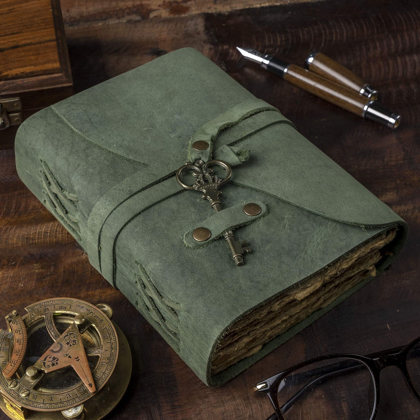 Vintage Leather Journal - Antique Handmade Deckle Edge Vintage Paper Leather Bound Journal - Book of Shadows Journal - Leather Sketchbook - Drawing Journal - Great Gift (Green, 9"x6")