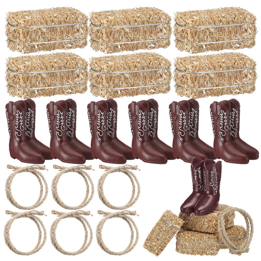 DoubleFill 6 Sets 6 Sets Western Cowboy Party Centerpieces Decoration Mini Hay Bales Mini Cowboy Boots Table Centerpieces Twisted Jute Rope for Western Wedding Birthday Vintage Ornament Decor